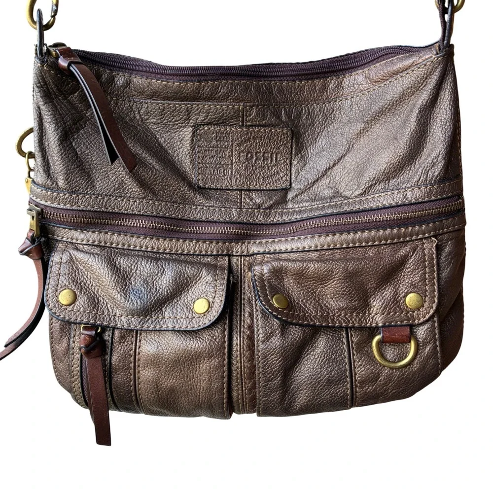 Fossil Morgan Metallic Bronze Gold Pebbled Leather Crossbody Bag Large